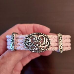 Brighton Pink Braided Leather Bracelet with Silver Plated Scrolled Accents.